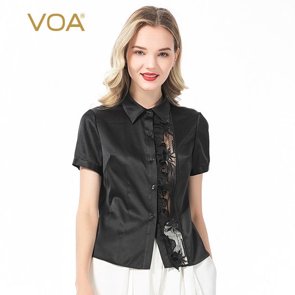 voa 19mm satin silk collar cutout lace panel wooden ear short sleeve single breasted black shirt be12, White
voa 19mm satin silk collar cutout lace panel wooden ear short sleeve single breasted black shirt be12, White