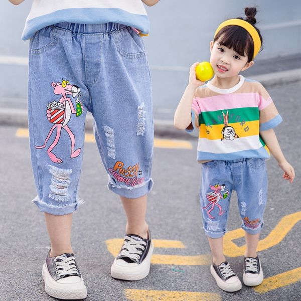 2020 new girl pink panther and short-sleeved jeans summer korean style seven-point jeans, Blue
2020 new girl pink panther and short-sleeved jeans summer korean style seven-point jeans, Blue