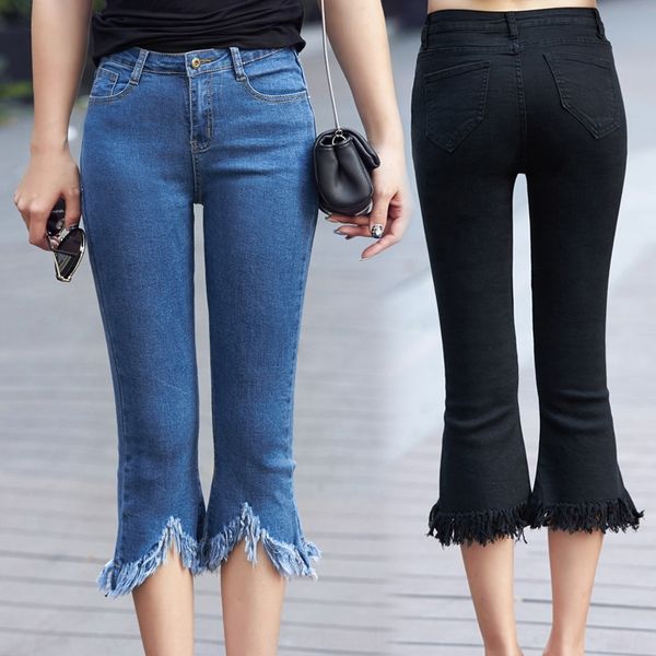 plus fat large size cropped women's autumn new fat mm200 and jeans shorts and jeans elastic slim-fit rimmed tassel denim shorts, Blue
plus fat large size cropped women's autumn new fat mm200 and jeans shorts and jeans elastic slim-fit rimmed tassel denim shorts, Blue