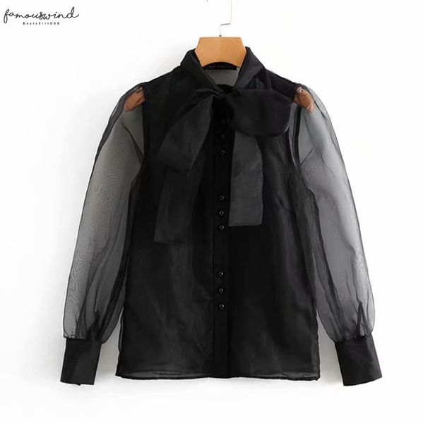 women vintage transparent bow tied collar casual black organza blouse shirt women business feminina blusas chic, White
women vintage transparent bow tied collar casual black organza blouse shirt women business feminina blusas chic, White