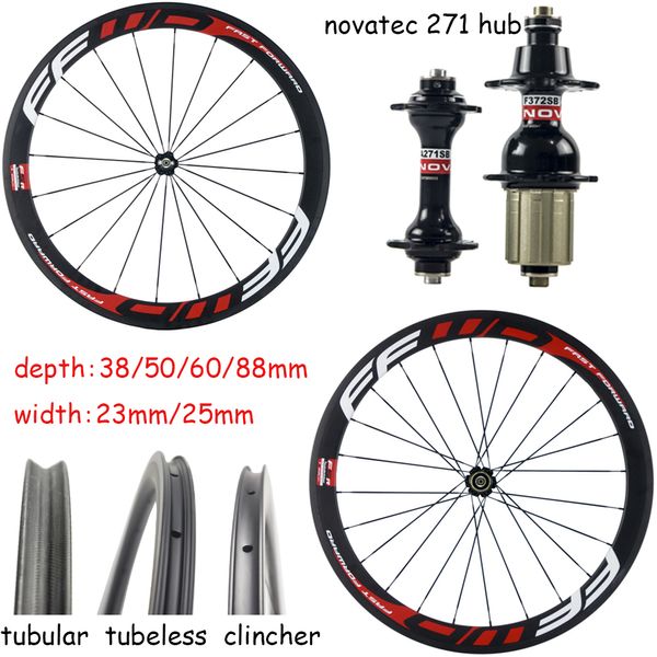 

700c carbon rim 38/50/60/88mm depth 25mm width carbon wheels road bike clincher/tubular/tubeless carbon wheelset with novatec 271 hubs