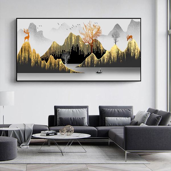 

Modern Abstract Landscape Art Mountain and Flying Birds Pictures Painting Wall Art for Living Room Home Decor (No Frame)