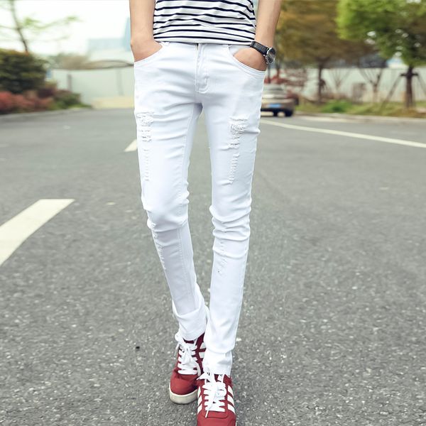new mens pure white elastic pants male korean tide hole only jeans, Blue