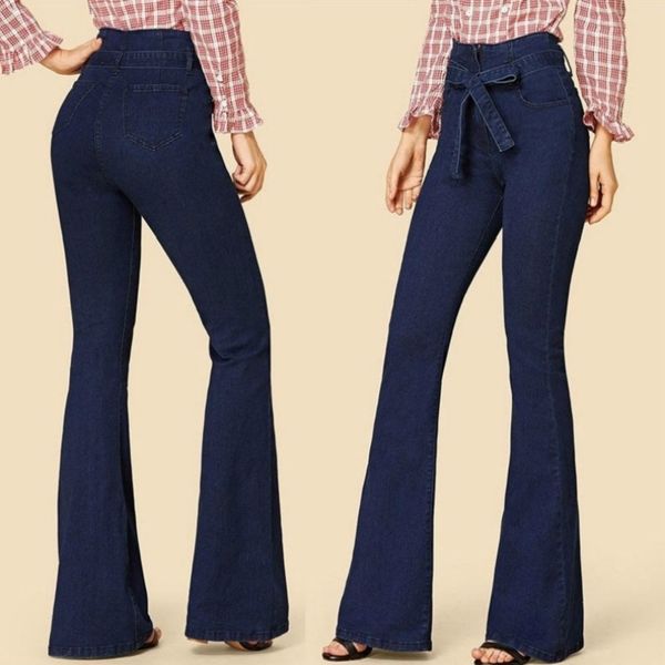 new popular flared stretch belt jeans for women in europe and the united states fashionable office lady pants, Blue
new popular flared stretch belt jeans for women in europe and the united states fashionable office lady pants, Blue