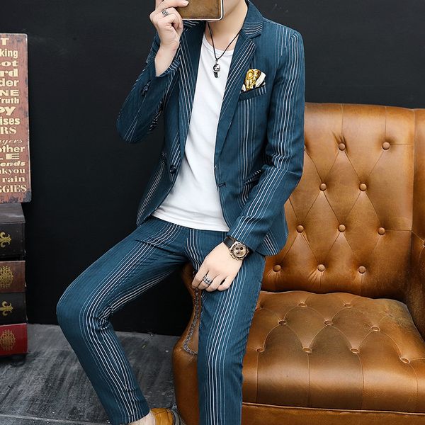 2020 men's cool striped suit youth handsome casual british suit two pieces, White;black
2020 men's cool striped suit youth handsome casual british suit two pieces, White;black