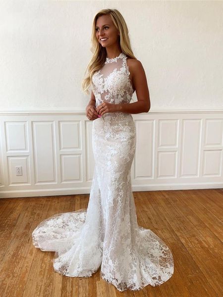 halter neck mermaid wedding dresses open backless floral appliques lace 2021 chic design boho bridal gowns vestido de noiva b126, White 
halter neck mermaid wedding dresses open backless floral appliques lace 2021 chic design boho bridal gowns vestido de noiva b126, White