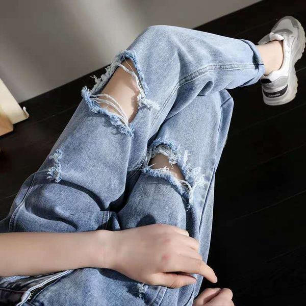 new ripped jeans high waist slimming daddy capri harem pants womens clothing, Blue