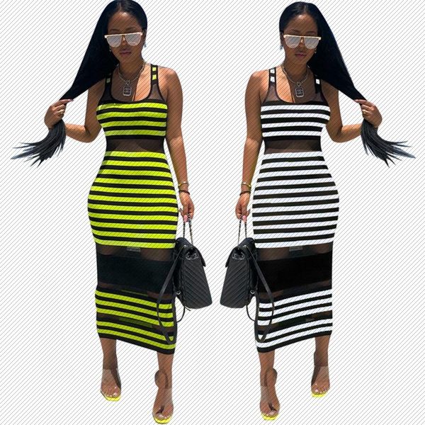 european and american popular womens amazon color striped round neck sleeveless mesh midi casual dress, White;black
european and american popular womens amazon color striped round neck sleeveless mesh midi casual dress, White;black