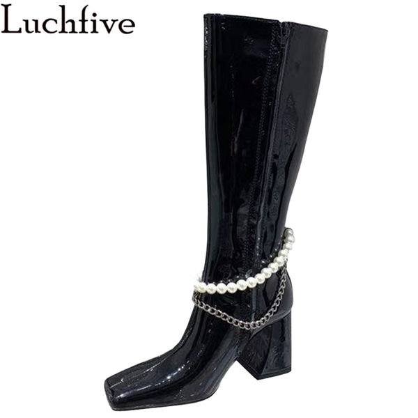 women winter boots black square toe leather chunky heel shoes pearl metal chain decorat knee high boots woman botas mujer
women winter boots black square toe leather chunky heel shoes pearl metal chain decorat knee high boots woman botas mujer