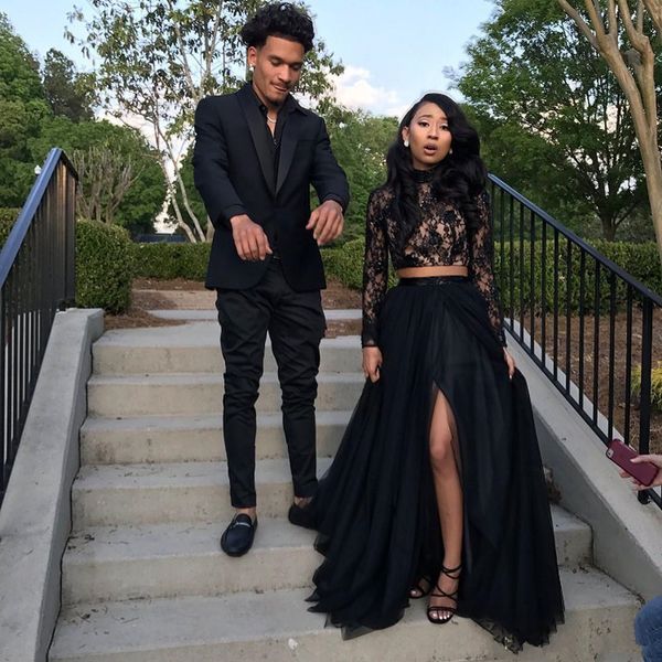 high collar prom dresses 2020 long sleeves lace vestidos de fiesta two pieces side split tulle bride party evening gowns, White;black
high collar prom dresses 2020 long sleeves lace vestidos de fiesta two pieces side split tulle bride party evening gowns, White;black