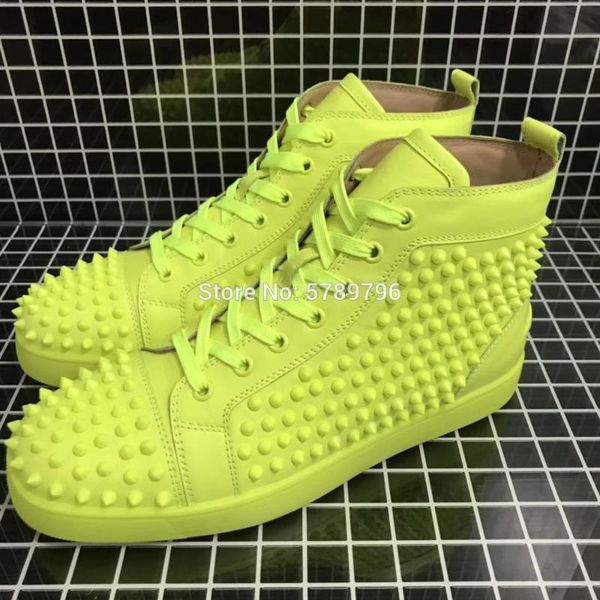 high red bottom solid fluorescent yellow leather sports shoes men casual flat loafers rivets runway sneakers couple models, Black
high red bottom solid fluorescent yellow leather sports shoes men casual flat loafers rivets runway sneakers couple models, Black