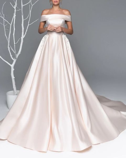 a-line wedding dresses off shoulder court train satin short sleeve simple plus size elegant with beading appliques, White
a-line wedding dresses off shoulder court train satin short sleeve simple plus size elegant with beading appliques, White