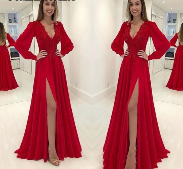 elegant red long sleeve prom dress plus size appliques beaded open back formal women split evening party dresses, Black
elegant red long sleeve prom dress plus size appliques beaded open back formal women split evening party dresses, Black