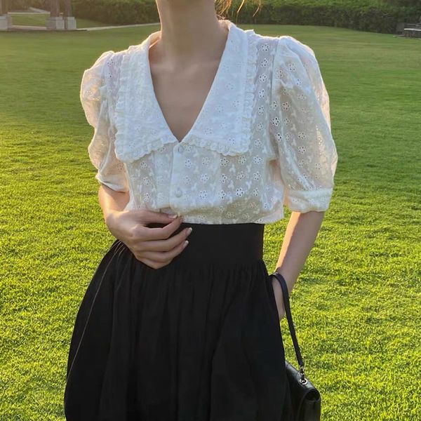 peter pan collar women chiffon blouse korean hollow-out puff short sleeve shirts 2020 summer elegant short blusas, White
peter pan collar women chiffon blouse korean hollow-out puff short sleeve shirts 2020 summer elegant short blusas, White