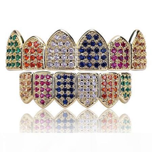 18k gold multi-color micro pave cz iced out teeth grillz set and bottom hip hop bling jewelry, Black
18k gold multi-color micro pave cz iced out teeth grillz set and bottom hip hop bling jewelry, Black