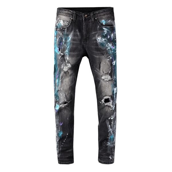 men's painted holed ripped black stretch jeans trendy streetwear skinny slim denim pants, Blue
men's painted holed ripped black stretch jeans trendy streetwear skinny slim denim pants, Blue
