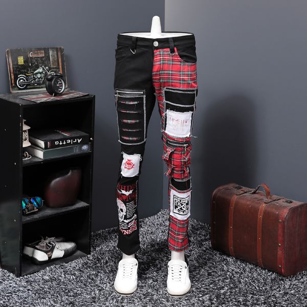europe station autumn and winter new pattern black split joint holes patch jeans male beggar personality punk long pants trend, Blue
europe station autumn and winter new pattern black split joint holes patch jeans male beggar personality punk long pants trend, Blue