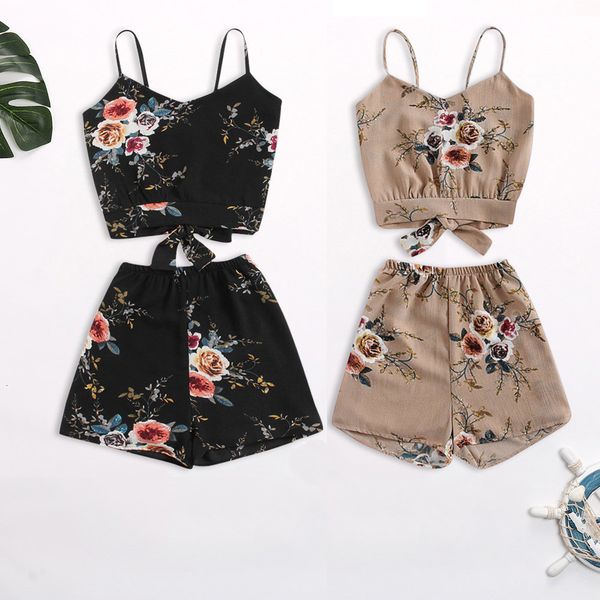 women set summer vacation suit stripe bandage floral print crop short camisoles with flower shorts beachwear outfit set, Gray 
women set summer vacation suit stripe bandage floral print crop short camisoles with flower shorts beachwear outfit set, Gray