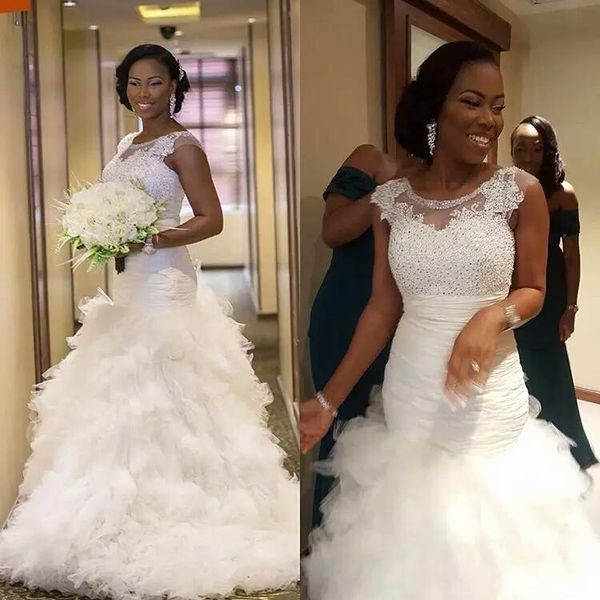 gorgeous mermaid wedding dresses designer ruffle skirt bridal gowns lace applique beading bodice jewel neck cap sleeves plus size b93, White
gorgeous mermaid wedding dresses designer ruffle skirt bridal gowns lace applique beading bodice jewel neck cap sleeves plus size b93, White