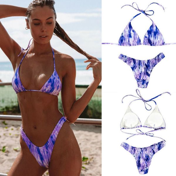 women 2020 purple tie dyeing print halter push up padded bra bandage shirred bikini set swimsuit triangle swimwear bathing, White;black
women 2020 purple tie dyeing print halter push up padded bra bandage shirred bikini set swimsuit triangle swimwear bathing, White;black