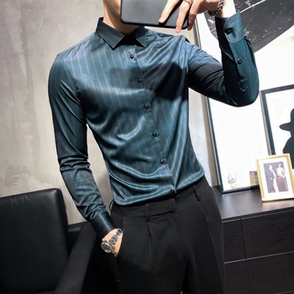 sly handsome men's printed long-sleeved shirt trend korean style slim handsome striped business wild shirt, White;black
sly handsome men's printed long-sleeved shirt trend korean style slim handsome striped business wild shirt, White;black