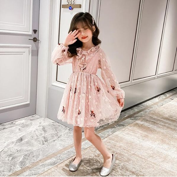 wholesale girls dresses spring autumn baby girl lace flower embroidery long sleeve dress kids dress children clothing, Red;yellow