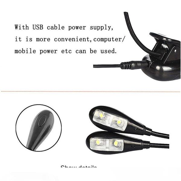 

LED Clip Book Light Music Stand Light Double Head USB 4leds Reading Lamp for Table, Headboard and Computer