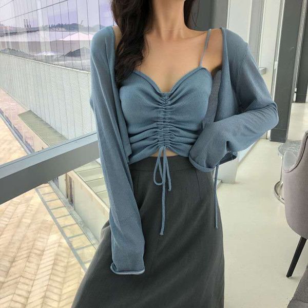 2pcs v-neck jersey strappy cami drawstring ruched blouse women sheer female and blouses shirts short streetwear, White
2pcs v-neck jersey strappy cami drawstring ruched blouse women sheer female and blouses shirts short streetwear, White