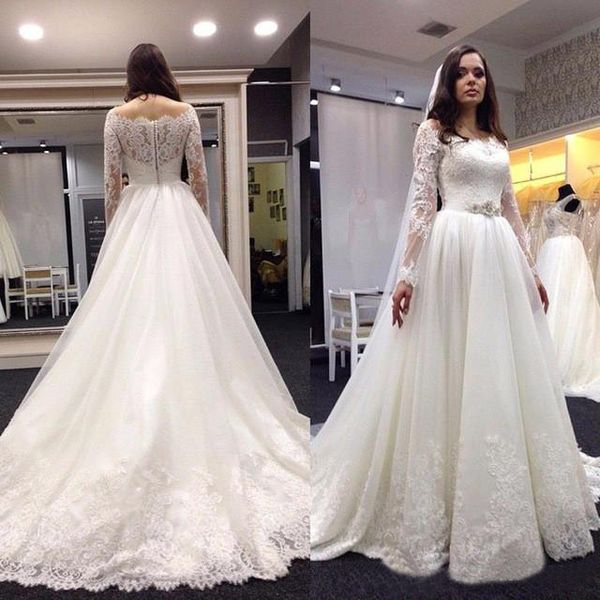 setwell a-line wedding dresses long sleeves lace appliques flowers pleated floor length sweep train bridal gowns, White
setwell a-line wedding dresses long sleeves lace appliques flowers pleated floor length sweep train bridal gowns, White