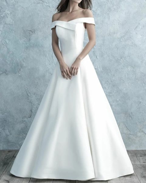 a-line wedding dresses off shoulder floor length satin short sleeve simple backless with buttons, White
a-line wedding dresses off shoulder floor length satin short sleeve simple backless with buttons, White