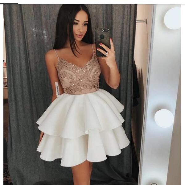new short homecoming dresses mini length lace bodice tiered ruffle skirt spaghetti straps graduation dresses, Red
new short homecoming dresses mini length lace bodice tiered ruffle skirt spaghetti straps graduation dresses, Red
