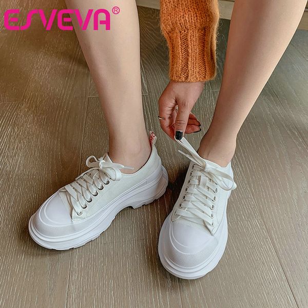esveva 2020 women shoes wedges heel platform canvas all match lace up casual round toe spring fashion women pumps size 34-39, Black 
esveva 2020 women shoes wedges heel platform canvas all match lace up casual round toe spring fashion women pumps size 34-39, Black