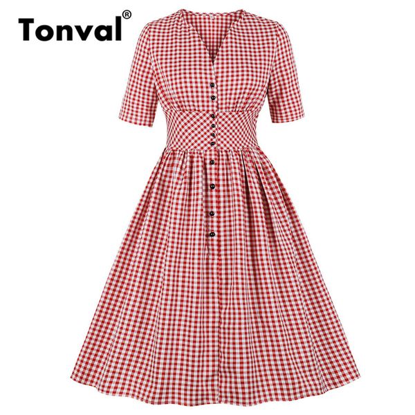 tonval retro high waist red plaid single breasted tunic pleated dress women v-neck half sleeve vintage gingham print dresses, White;black
tonval retro high waist red plaid single breasted tunic pleated dress women v-neck half sleeve vintage gingham print dresses, White;black