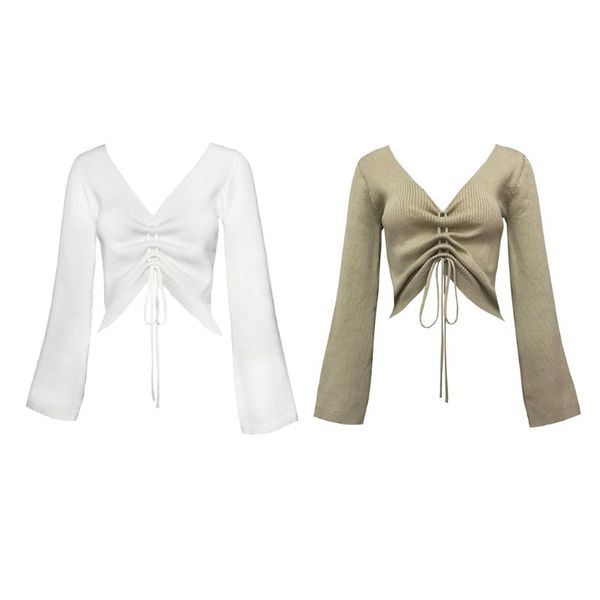 women autumn long sleeve sweater v-neck ruched drawstring crop solid color ribbed knitted pullover jumper shirts street, White;black
women autumn long sleeve sweater v-neck ruched drawstring crop solid color ribbed knitted pullover jumper shirts street, White;black