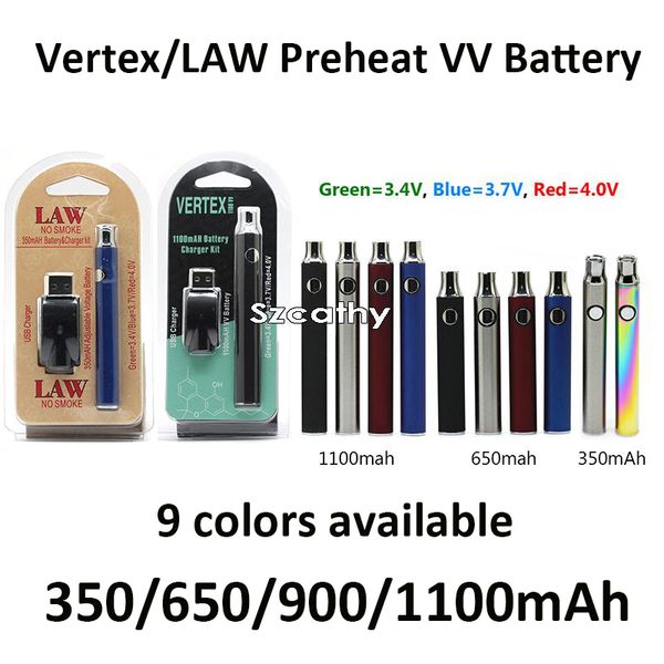 

Комплект зарядного устройства Vertex LAW для предварительного разогрева VV Battery E Сигарета Vape Pen 350 мАч 650 мАч 900 мАч 1100 мАч 4 цвета Регулируемые батареи