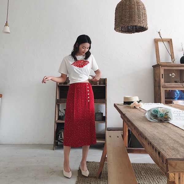 summer high waist side split long skirt french temperament break dress women's button-up polka dot dress, Black
summer high waist side split long skirt french temperament break dress women's button-up polka dot dress, Black
