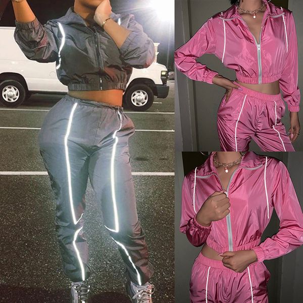 women reflective tracksuit nightclub running sets collar long sleeve crop casual pants two pieces sport jogging suits, Black;blue
women reflective tracksuit nightclub running sets collar long sleeve crop casual pants two pieces sport jogging suits, Black;blue