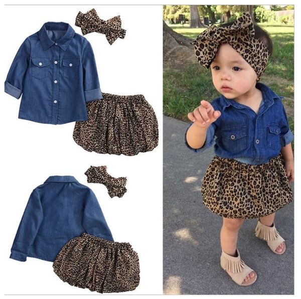 

2020 New Arrivals Baby Girls Clothes 3pcs Sets Children Cowboy Shirt+leopard Print Skirt+headband Suits for Kids Outfits 80-120cm 1-5 Years, As picture