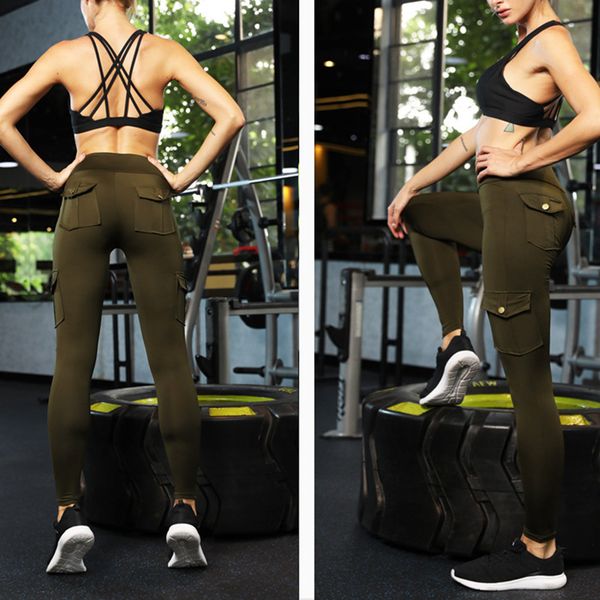 newly women elastic yoga leggings sports hips lift long pants with multiple pockets s66, White;red