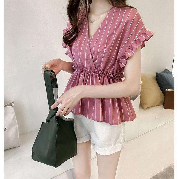 new fashion lotus leaf sleeve v-neck striped women's temperament waist slimming shirt korean style shirt, White
new fashion lotus leaf sleeve v-neck striped women's temperament waist slimming shirt korean style shirt, White