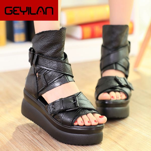 women sandals gladiator genuine leather buckle strap rivet platform high bottom flats heel ladies shoes sandalias mujer 1102w, Black
women sandals gladiator genuine leather buckle strap rivet platform high bottom flats heel ladies shoes sandalias mujer 1102w, Black