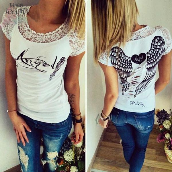 slim style women short sleeve o neck shirt hollow back angel wings lace t shirt drop shipping, White 
slim style women short sleeve o neck shirt hollow back angel wings lace t shirt drop shipping, White