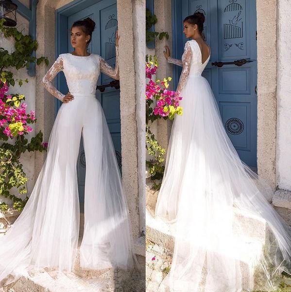 fashion jumpsuit lace backless wedding dresses with detachable train bateau neck long sleeves beach bridal gowns beaded vestido de novia, White
fashion jumpsuit lace backless wedding dresses with detachable train bateau neck long sleeves beach bridal gowns beaded vestido de novia, White