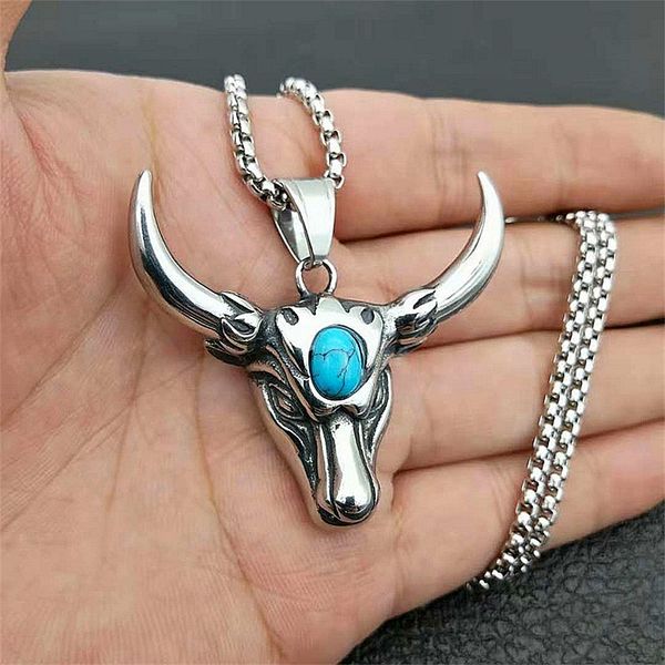 punk skull bull head pendants natural stone men's necklace stainless steel long chain gothic animal jewelry for friend gift, Silver
punk skull bull head pendants natural stone men's necklace stainless steel long chain gothic animal jewelry for friend gift, Silver