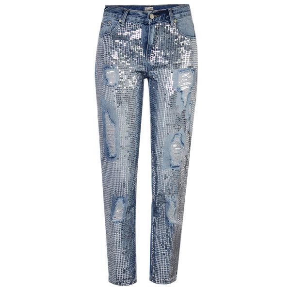 sequined jeans women hole ripped destroy jeans pants, Blue