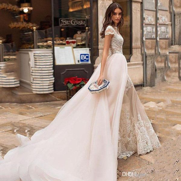 champagne mermaid wedding dresses with detachable train lace applique short sleeves wedding dress bridal gowns vestido de noiva, White
champagne mermaid wedding dresses with detachable train lace applique short sleeves wedding dress bridal gowns vestido de noiva, White