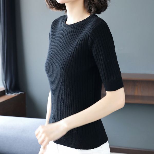 2020 new arrival women's short sleeve sweater solid cotton wool blend slim style pullover knitwear ing, White;black
2020 new arrival women's short sleeve sweater solid cotton wool blend slim style pullover knitwear ing, White;black