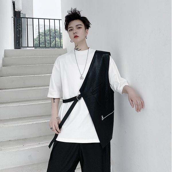 men's vests half design ribbon metal buckle solid color leather vest coat male streetwear hip hop motorcycle sleeveless jacket, Black;white
men's vests half design ribbon metal buckle solid color leather vest coat male streetwear hip hop motorcycle sleeveless jacket, Black;white