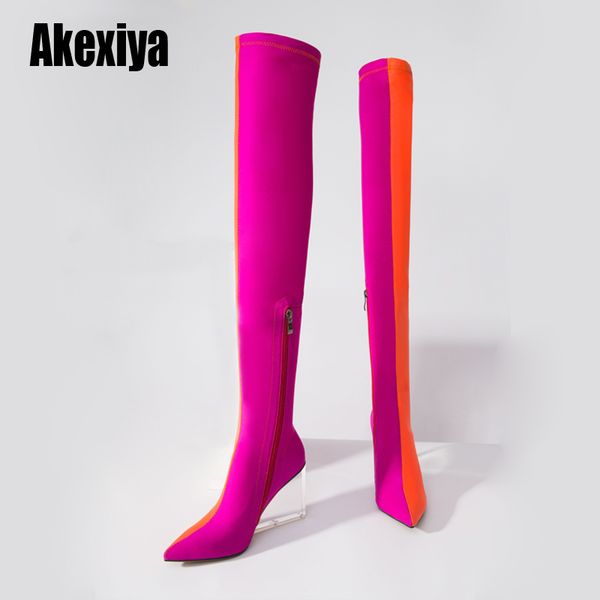 new woman over the knee boots women mixed colors elastic fabric wedges high heel shoes mujer transparent heel long boot u492, Black
new woman over the knee boots women mixed colors elastic fabric wedges high heel shoes mujer transparent heel long boot u492, Black