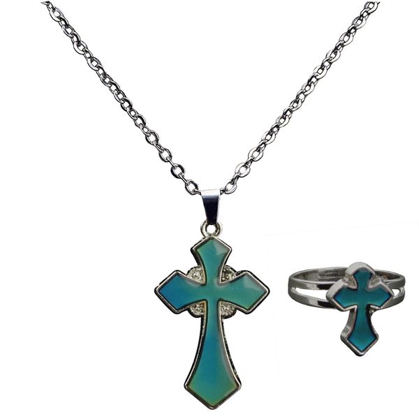 crystal gemstone necklace ring color change mood temperature link chain cross pendant necklace fashion jewelry set, Silver
crystal gemstone necklace ring color change mood temperature link chain cross pendant necklace fashion jewelry set, Silver